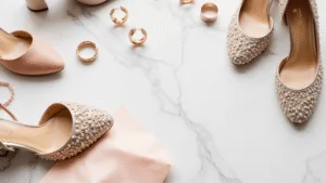 Elegant flat lay of luxury wedding guest shoes on a white marble surface, featuring champagne block heels, pearl-embellished flats, and velvet smoking slippers, with rose gold accessories and blush tissue paper accentuating the composition.