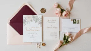 A luxurious wedding invitation suite flatlay on ivory linen, featuring a mauve and sage floral design with gold foil calligraphy, surrounded by RSVP card, vellum overlay, blush pink silk ribbon, vintage stamps, and garden roses, all captured with soft natural light and selective focus.
