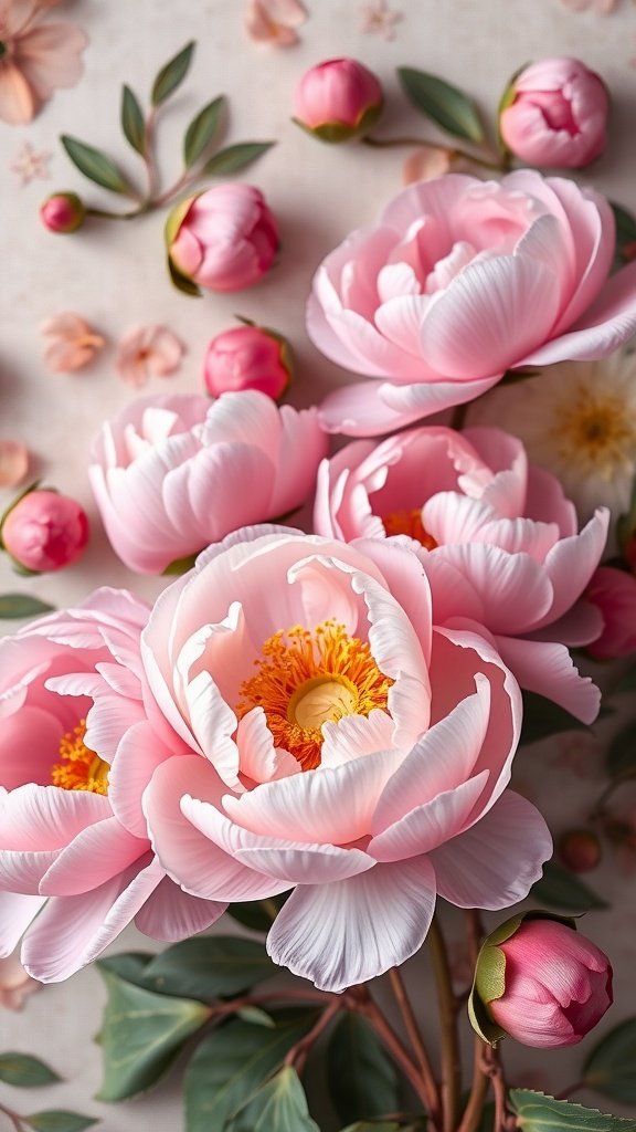 A detailed close-up of pink peony blossoms with smaller buds and leaves on a soft background.