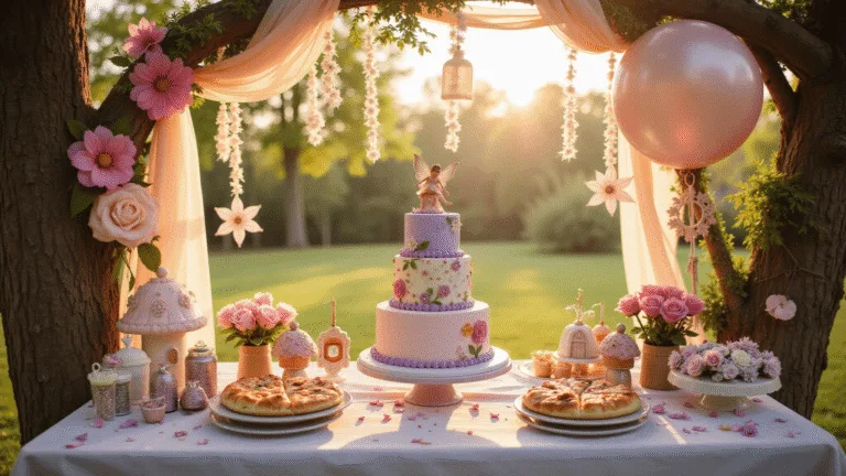 A whimsical garden party setup for a fairy-themed first birthday, featuring a pastel cake with edible flowers, star-shaped pizzas, glittery cupcakes, fairy lights, and decorative elements like miniature fairy doors and a DIY wing-decorating station, all captured in enchanting golden hour light.