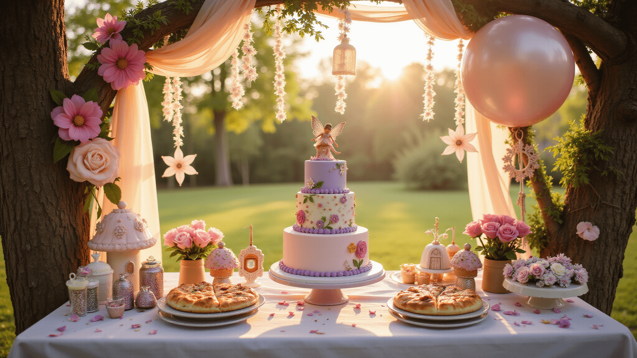 A whimsical garden party setup for a fairy-themed first birthday, featuring a pastel cake with edible flowers, star-shaped pizzas, glittery cupcakes, fairy lights, and decorative elements like miniature fairy doors and a DIY wing-decorating station, all captured in enchanting golden hour light.