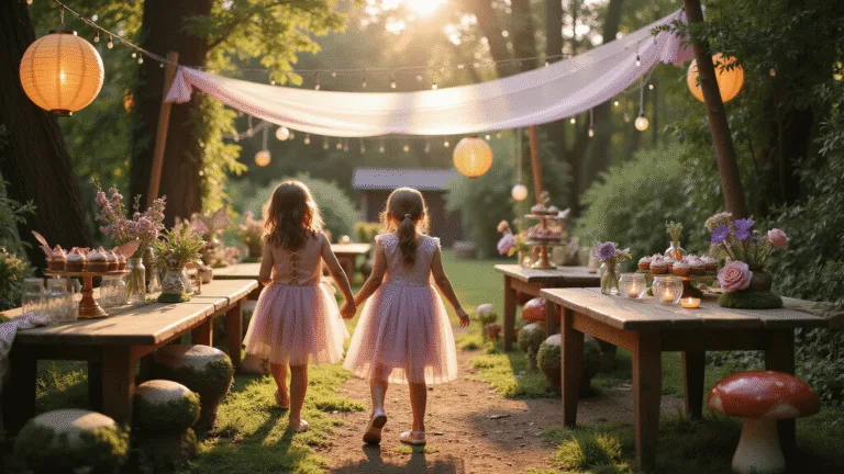 A magical twilight garden party adorned with paper lanterns and fairy lights, featuring vintage wooden tables with moss and wildflowers, children in whimsical costumes dancing around toadstools, and dreamy bokeh effects.