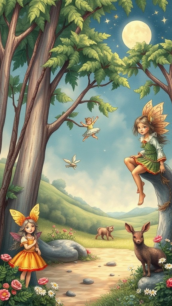 Fairy tale scene with fairies, trees, animals, and flowers in a magical forest setting