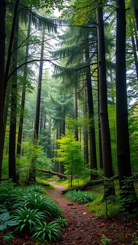 A serene forest with tall trees and a winding path, illuminated by soft light.
