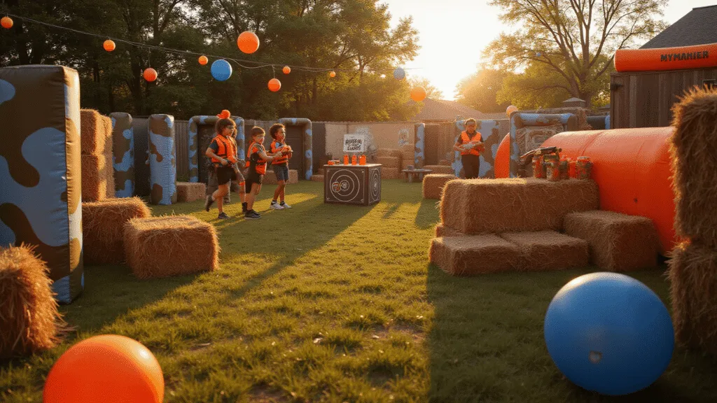 A vibrant backyard Nerf party battlefield at golden hour, featuring tactical cardboard bunkers, inflatable obstacles, and hay bales, with kids in safety gear engaged in gameplay surrounded by snacks and activity stations, all under string lights and decorated with colorful balloons.