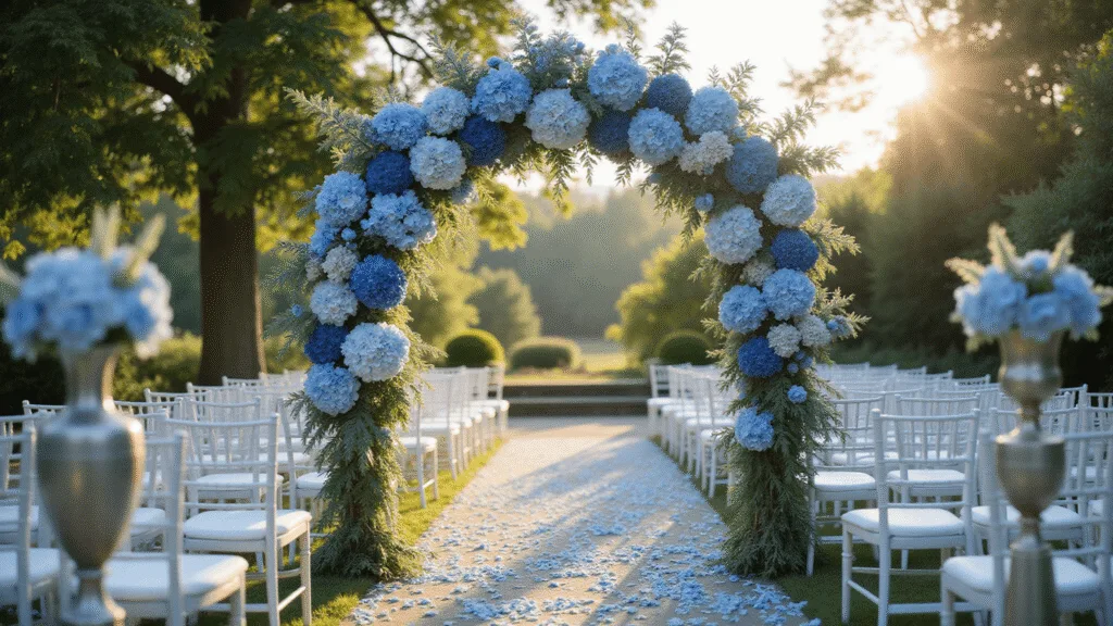 A breathtaking wide-angle view of a sunlit garden wedding ceremony, showcasing a dramatic floral arch of cascading blue delphiniums, hydrangeas, and thistles under ethereal lighting, with white garden chairs lined along a rose petal aisle.