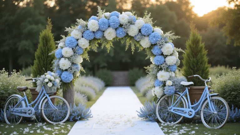 A luxurious garden wedding setup featuring a floral arch with powder blue hydrangeas and white garden roses, framed by a white-carpeted aisle with rose petals and muscari blooms, alongside a vintage blue bicycle adorned with white lisianthus, all bathed in warm golden hour light.