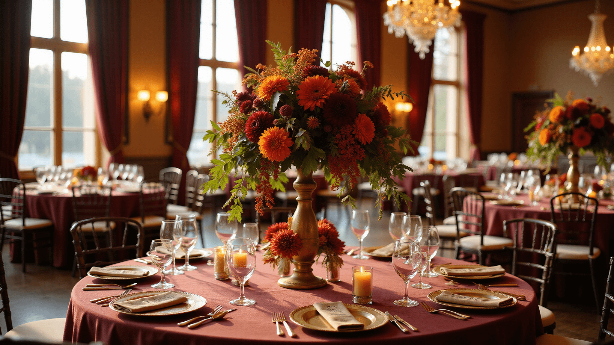 A luxurious autumn wedding reception in a grand ballroom, featuring a dramatic floral centerpiece of deep burgundy dahlias and burnt orange chrysanthemums, illuminated by soft natural light from large windows and elegant crystal chandeliers, with round tables dressed in silk burgundy linens and gold accents.