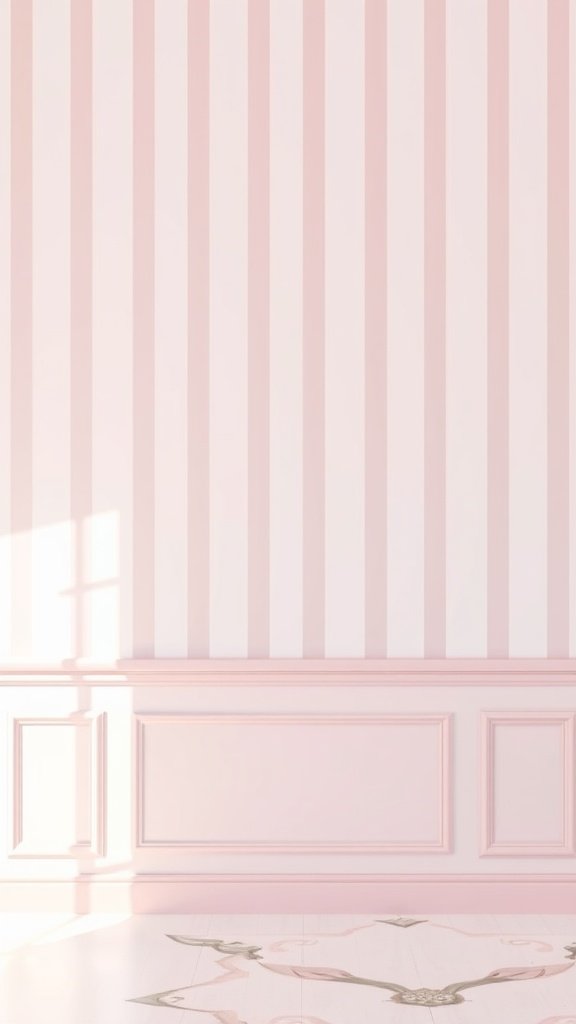 A soft pink striped wallpaper with wainscoting, creating a feminine and elegant vibe.