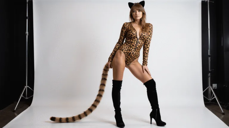 A model poses in a luxurious leopard print bodysuit with black knee-high boots, velvet cat ears, and a spotted tail against a white backdrop, illuminated by soft studio lighting that enhances the costume's rich textures.