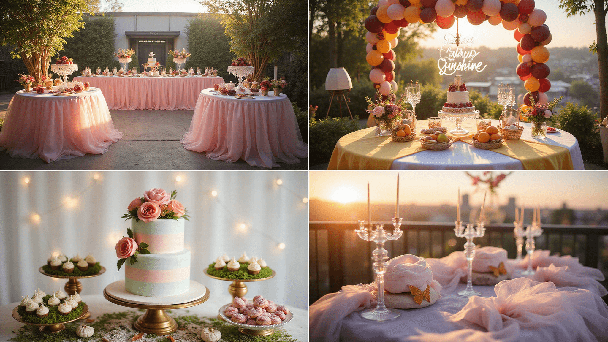A cinematic compilation of luxurious first birthday party scenes featuring a "Berry Sweet" garden party, "Citrus Sunshine" modern loft setup, "Enchanted Garden" dessert display, and an elegant rooftop soirée, all captured in soft natural lighting with shallow depth of field.