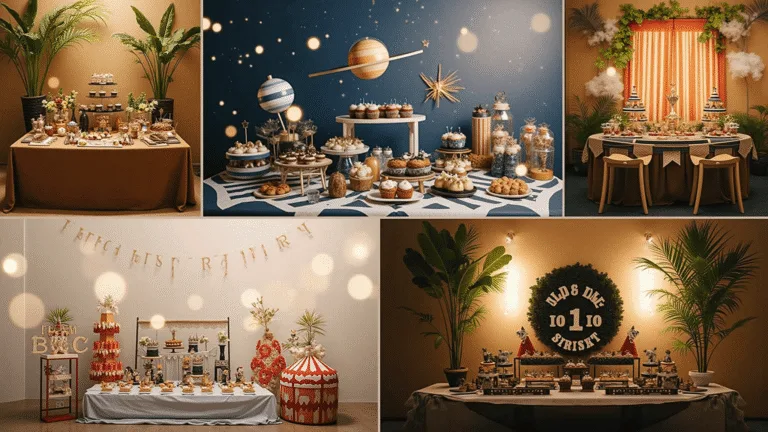 A cinematic collage of five distinct first birthday party themes: "Wild One Safari" with burlap decor, "Space Odyssey" with metallic elements, "Nautical" with striped touches, "Circus Carnival" with vintage games, and "Mr. Onederful" with elegant accents, all captured in warm golden hour lighting with a soft bokeh effect.