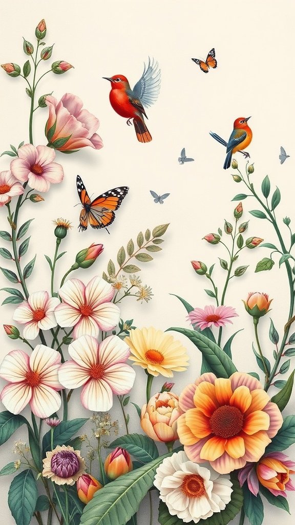 Floral and fauna wallpaper featuring colorful flowers and birds