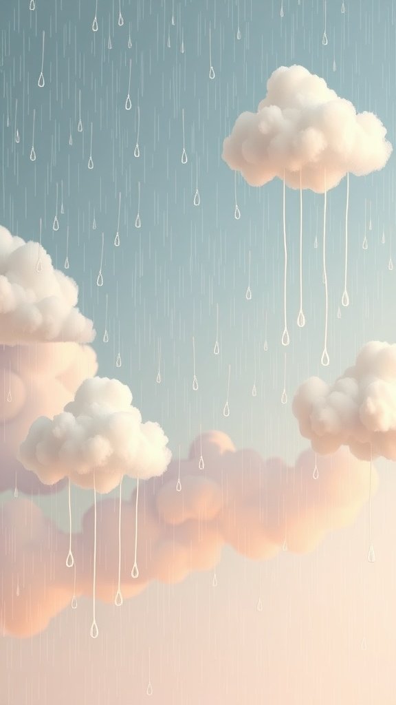 A dreamy scene with fluffy clouds and hanging raindrops against a pastel sky.