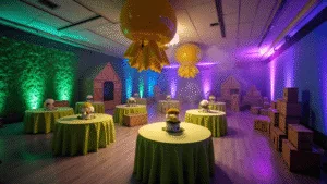 A cinematic wide-angle shot of a vibrant Fortnite-themed birthday party with colorful LED uplighting, a giant Battle Bus balloon, decorated tables, and gaming memorabilia, all captured during golden hour.