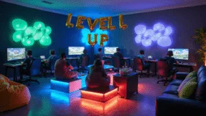 A vibrant gaming paradise birthday party featuring multiple gaming stations with 4K screens, sleek chairs, colorful bean bags, and floating holographic "LEVEL UP" balloons, all illuminated by RGB LED lighting and showcasing Minecraft-themed snacks. Young gamers are engaged in multiplayer activities in a modern living room setting.