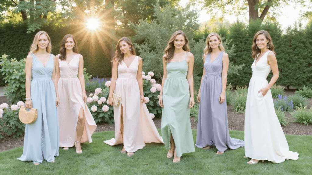 A dreamy garden wedding fashion showcase featuring models in soft pastel dresses surrounded by blooming flowers, styled with block heels and pearl accessories in warm, dappled sunlight.