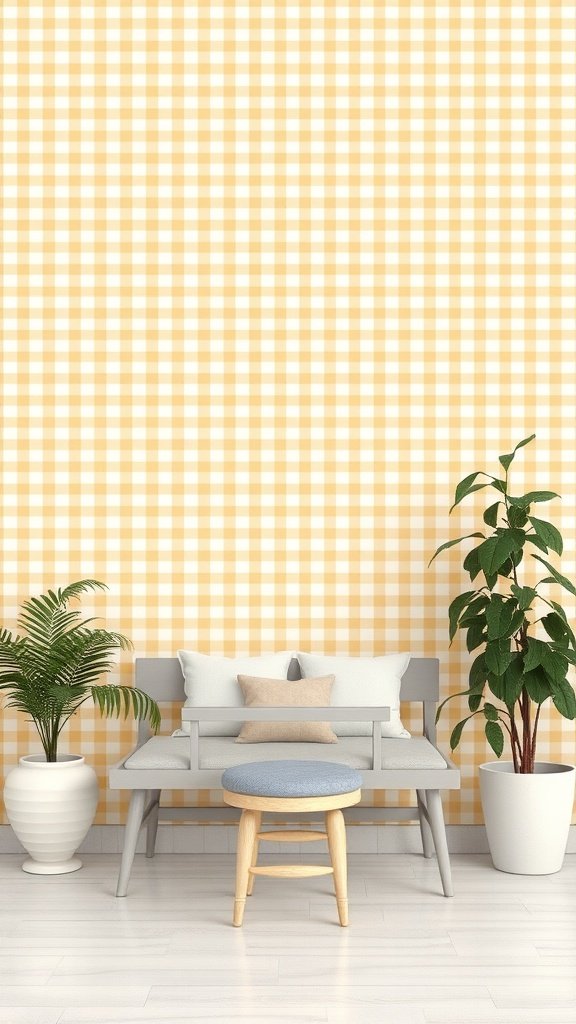 A cozy interior featuring yellow and white gingham wallpaper, a gray bench with cushions, a blue stool, and indoor plants.