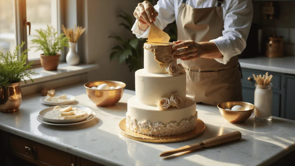 A luxurious three-tier wedding cake preparation in a sunlit kitchen, featuring organized ingredients, a vintage KitchenAid mixer, edible gold leaf, and a professional pastry chef applying gold leaf with precision, captured in hyperrealistic detail.