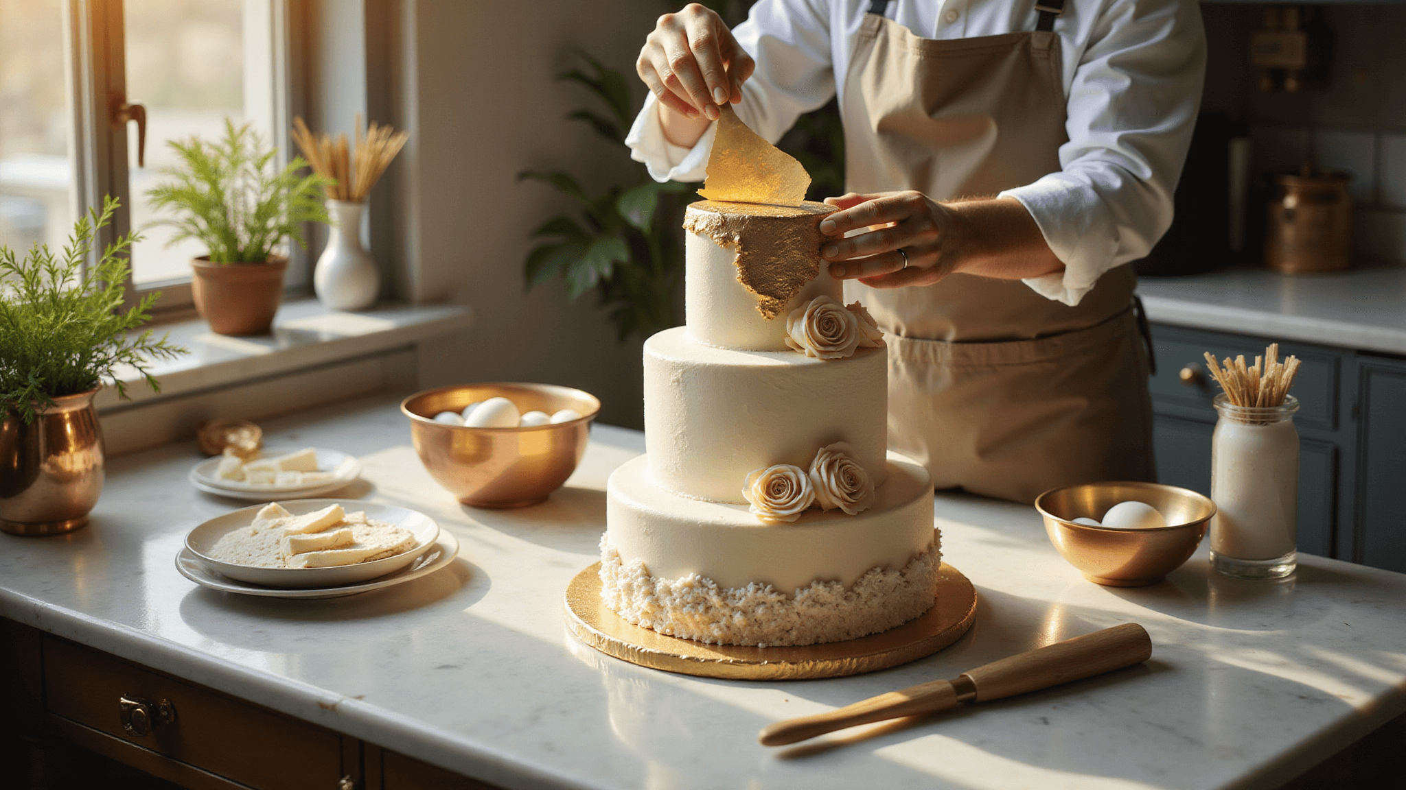 A luxurious three-tier wedding cake preparation in a sunlit kitchen, featuring organized ingredients, a vintage KitchenAid mixer, edible gold leaf, and a professional pastry chef applying gold leaf with precision, captured in hyperrealistic detail.