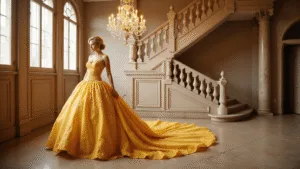 A marigold yellow ball gown with layered fabric and subtle shimmer, displayed in an elegant castle ballroom under a crystal chandelier, with a grand marble staircase in the background.