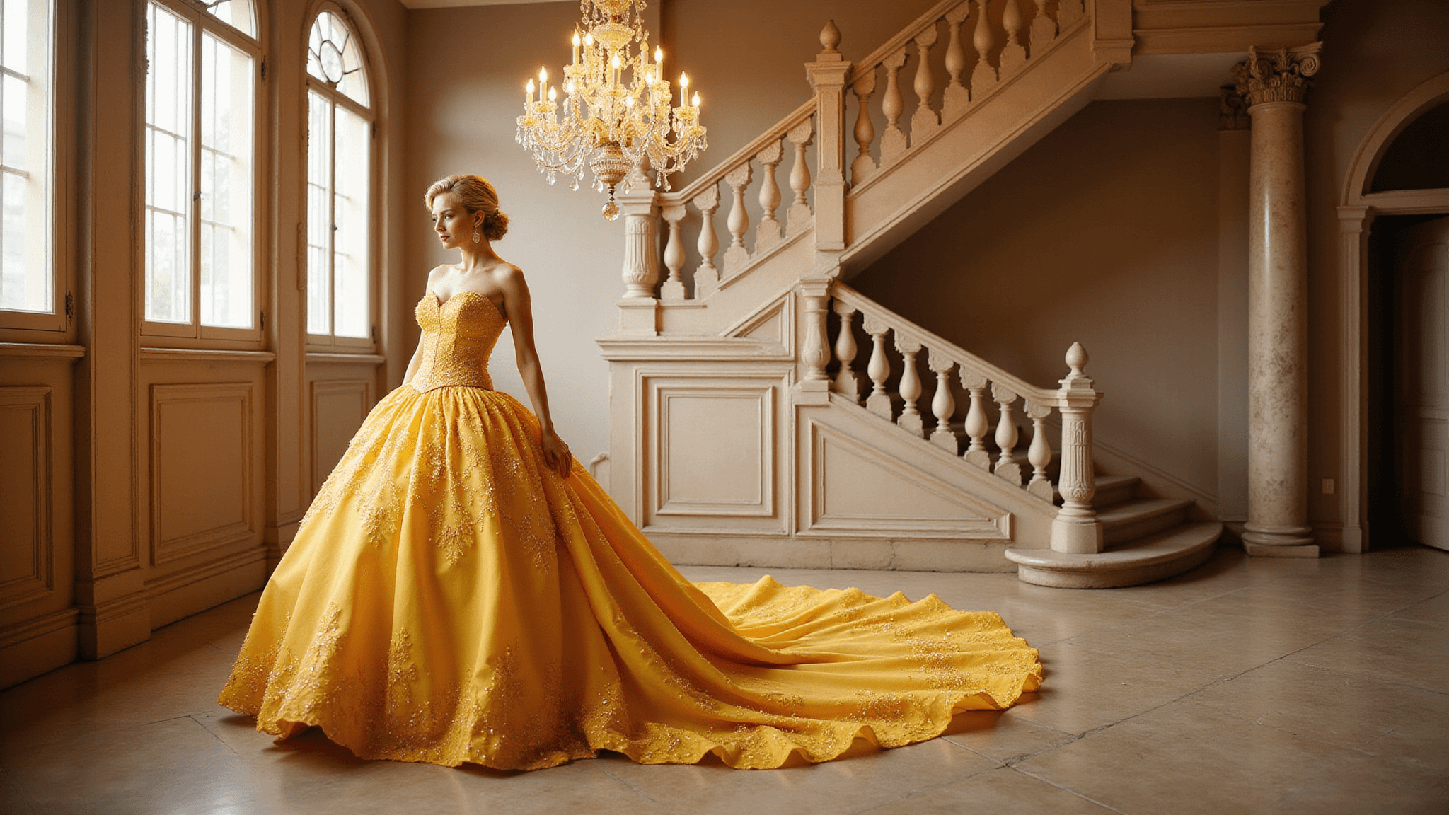 A marigold yellow ball gown with layered fabric and subtle shimmer, displayed in an elegant castle ballroom under a crystal chandelier, with a grand marble staircase in the background.