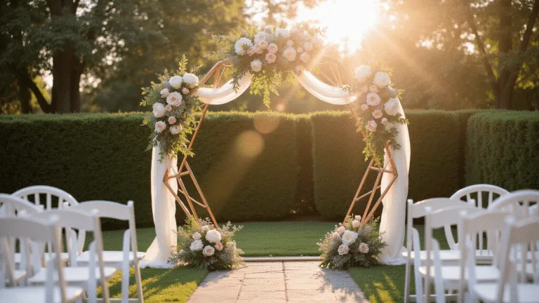 A stunning hexagon wedding arch adorned with cascading floral arrangements at golden hour, featuring a copper-rose frame and sheer ivory chiffon, set in a lush garden with rose petals and white Chiavari chairs.