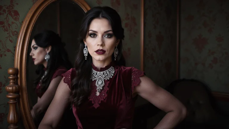 A gothic vampire portrait featuring a figure in a burgundy velvet dress with lace details, adorned with silver jewelry, set against a dark Victorian parlor backdrop with an antique mirror reflecting their pale complexion and dramatic makeup.