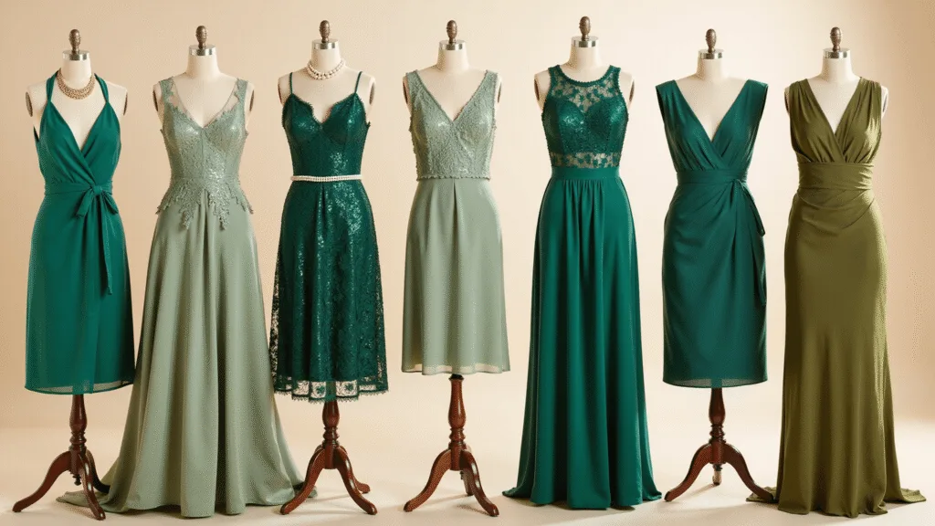 A collection of elegant green dresses in various fabrics displayed on mannequins against a cream backdrop, with gold and pearl accessories, showcased in natural light highlighting textures and details.