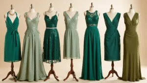 A collection of elegant green dresses in various fabrics displayed on mannequins against a cream backdrop, with gold and pearl accessories, showcased in natural light highlighting textures and details.