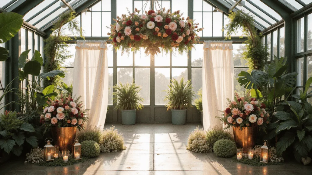 Wedding ceremony in a lush greenhouse with floral installations of dahlias, lisianthus, and garden roses, natural light filtering through glass panels, and a stone aisle lined with wildflowers, creating a romantic atmosphere.