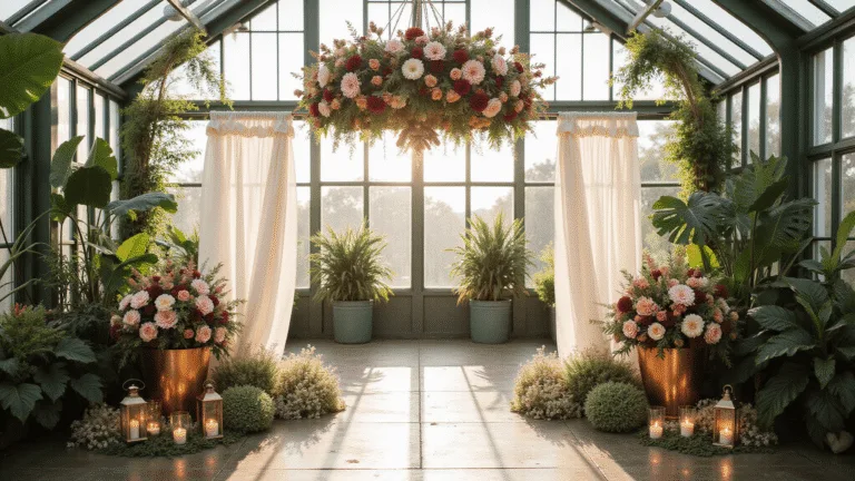Wedding ceremony in a lush greenhouse with floral installations of dahlias, lisianthus, and garden roses, natural light filtering through glass panels, and a stone aisle lined with wildflowers, creating a romantic atmosphere.