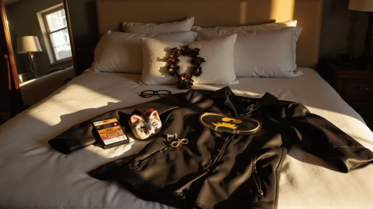 Stylish bedroom during golden hour featuring a full-length mirror reflecting Halloween costumes, including a leather jacket, superhero cape, and zombie makeup kit, arranged on a neatly made bed with dramatic shadows and light rays enhancing the textures.