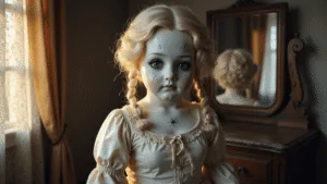 A haunted fashion portrait of a Victorian porcelain doll in a dimly lit dressing room, showcasing cracked pale skin, glass-blue eyes, and platinum blonde curls, with a cream silk dress and eerie golden hour light filtering through lace curtains.