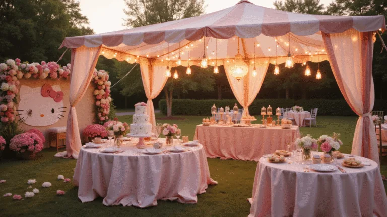 A whimsical Hello Kitty garden party at golden hour, featuring a pink and white striped canopy tent, pastel flower centerpieces, a three-tiered cake, and floating balloons, all captured in soft focus with bokeh effects.