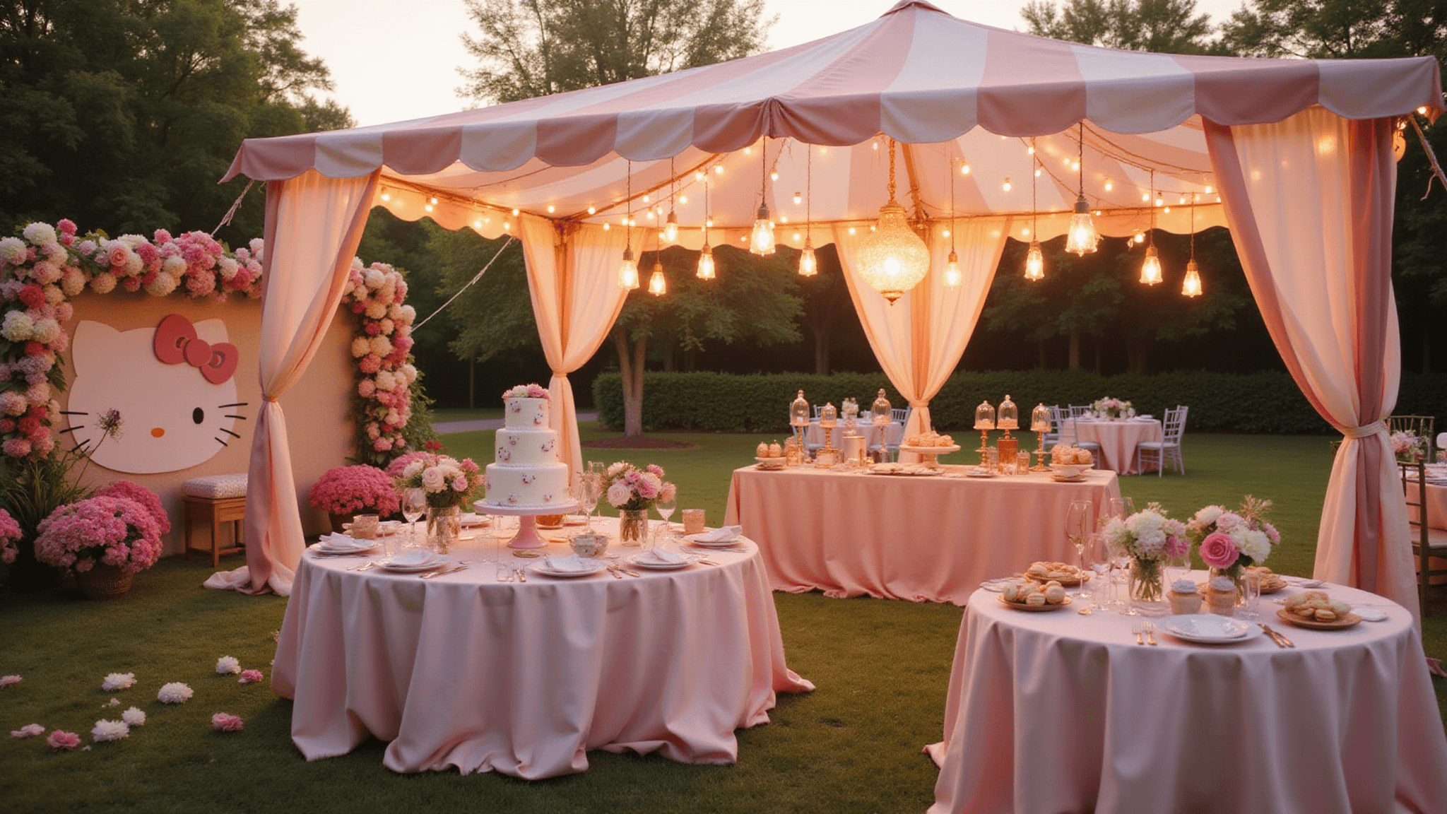 A whimsical Hello Kitty garden party at golden hour, featuring a pink and white striped canopy tent, pastel flower centerpieces, a three-tiered cake, and floating balloons, all captured in soft focus with bokeh effects.
