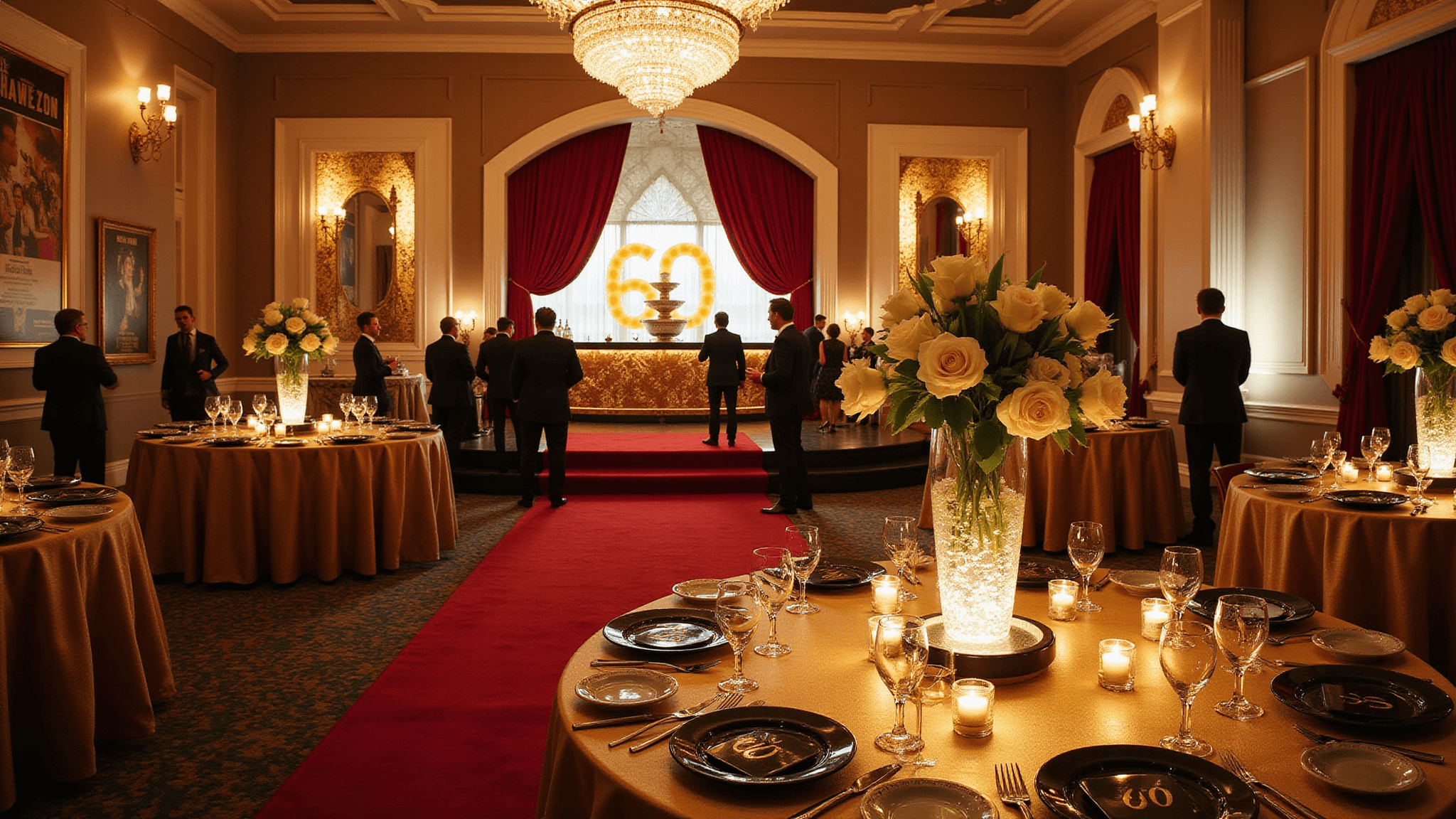 A luxurious 60th birthday celebration in an opulent ballroom, featuring a red carpet entrance, a champagne fountain, gold-draped tables with white rose arrangements, and an illuminated "60" sign, all under warm lighting from crystal chandeliers.