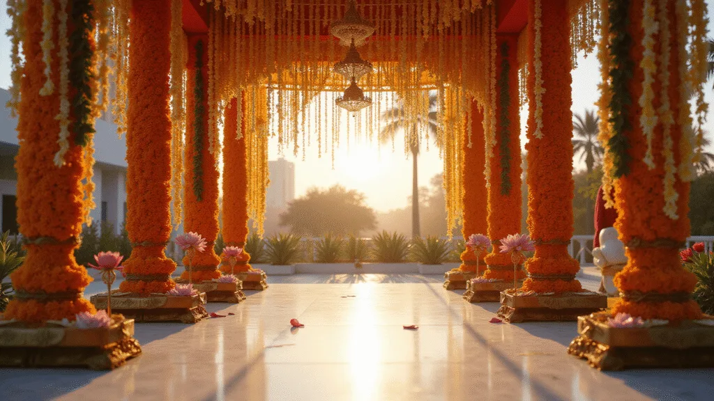 A grand Indian wedding mandap adorned with vibrant marigold garlands, delicate jasmine strings, and floating pink lotus flowers, set at golden hour against a rich crimson and metallic gold backdrop, with intricate shadows on a white marble floor.