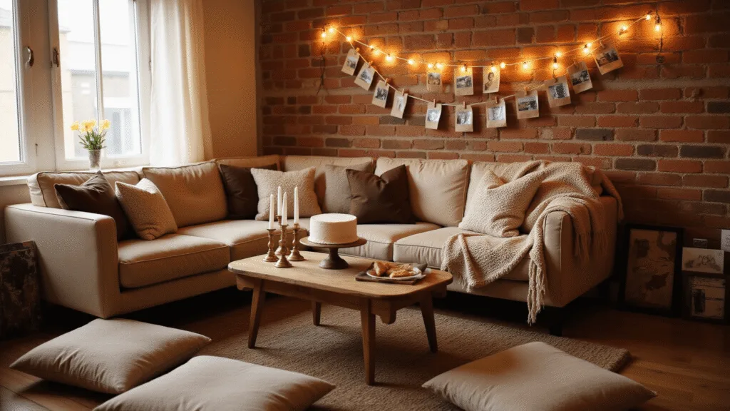 Cozy living room during golden hour with an intimate birthday celebration, featuring a mid-century modern sofa, rustic coffee table with a simple white cake, vintage brass candlesticks, fairy lights, and a DIY birthday banner.
