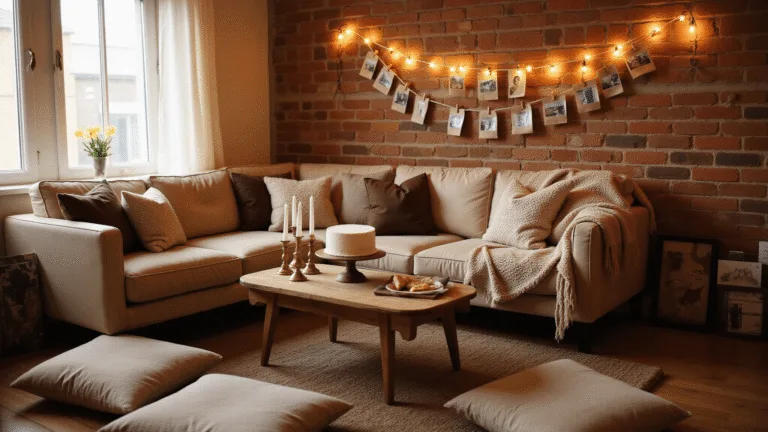 Cozy living room during golden hour with an intimate birthday celebration, featuring a mid-century modern sofa, rustic coffee table with a simple white cake, vintage brass candlesticks, fairy lights, and a DIY birthday banner.