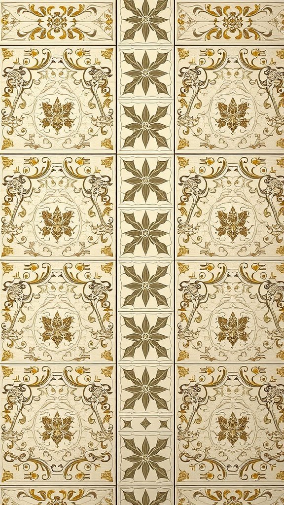 Coquette wallpaper featuring intricate tile patterns with floral and geometric designs in soft neutrals and gold.