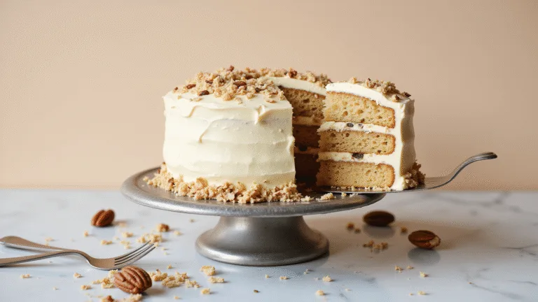A three-tiered Italian wedding cake with cream cheese frosting, toasted coconut flakes, and chopped pecans on an antique silver stand, set against a soft cream backdrop, with a slice removed revealing its rich interior, surrounded by vintage silverware and scattered coconut flakes and pecans.
