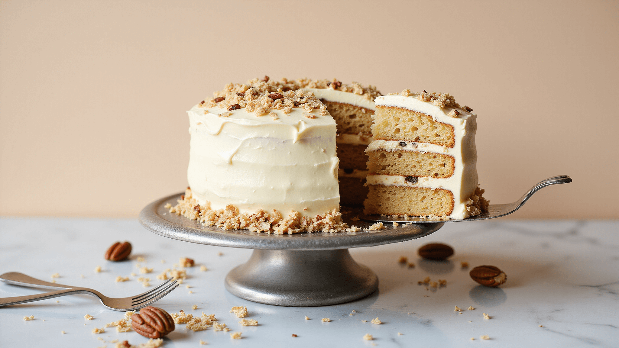 A three-tiered Italian wedding cake with cream cheese frosting, toasted coconut flakes, and chopped pecans on an antique silver stand, set against a soft cream backdrop, with a slice removed revealing its rich interior, surrounded by vintage silverware and scattered coconut flakes and pecans.