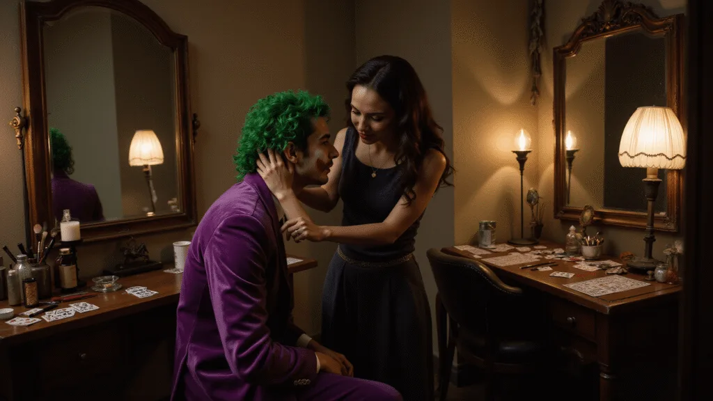 A dramatic vintage dressing room scene featuring a figure in a purple velvet suit jacket with vibrant green hair, surrounded by antique mirrors and a professional makeup station, illuminated by warm golden light, with scattered playing cards and theatrical makeup tools.