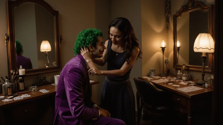 A dramatic vintage dressing room scene featuring a figure in a purple velvet suit jacket with vibrant green hair, surrounded by antique mirrors and a professional makeup station, illuminated by warm golden light, with scattered playing cards and theatrical makeup tools.