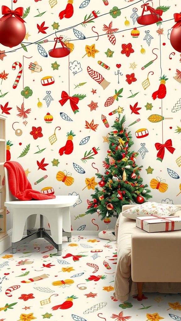 Colorful and festive coquette wallpaper featuring holiday decorations in a cozy room.