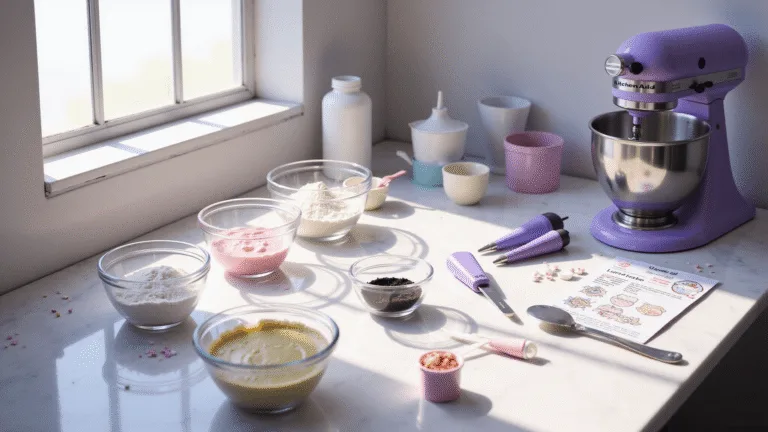A photorealistic kitchen counter scene featuring a Kuromi-themed cake preparation setup with a pastel purple KitchenAid mixer, organized ingredients in glass bowls, decorating tools, and a recipe card, all illuminated by soft natural light.