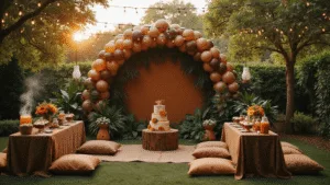 A cinematic wide-angle view of a lush garden party inspired by the African savanna, featuring a "Pride Rock" backdrop, animal-print tables, a lion-themed cake, fairy lights, and warm amber lighting.