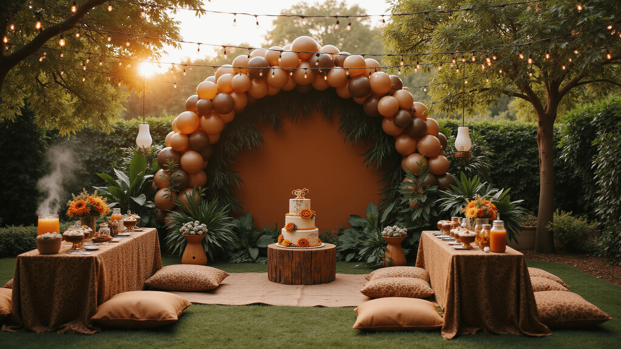 A cinematic wide-angle view of a lush garden party inspired by the African savanna, featuring a "Pride Rock" backdrop, animal-print tables, a lion-themed cake, fairy lights, and warm amber lighting.