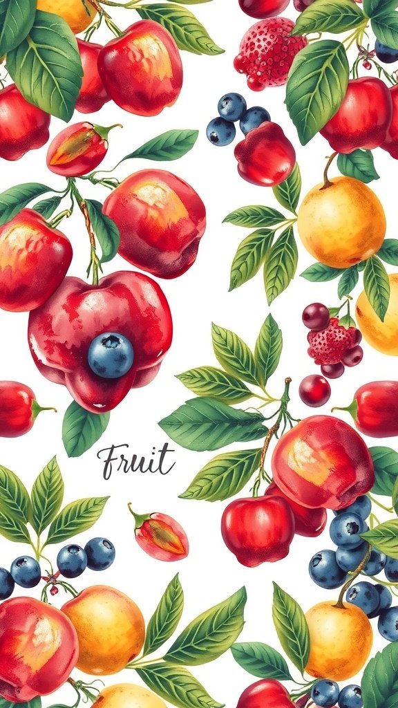 Coquette wallpaper featuring colorful fruit illustrations on a white background